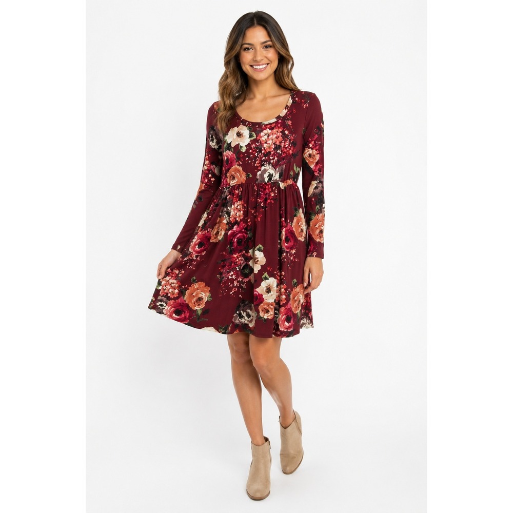 PS Katie Burgundy Floral Dress sz M Knit Boho Tropical Whimsical Novelty Pockets
